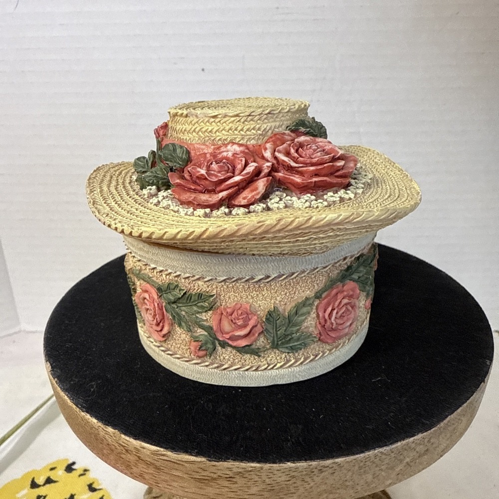 Handpainted Resin Or Clay Round Trinket Box with Roses and Ribbons Rode Inside - Picture 3 of 9